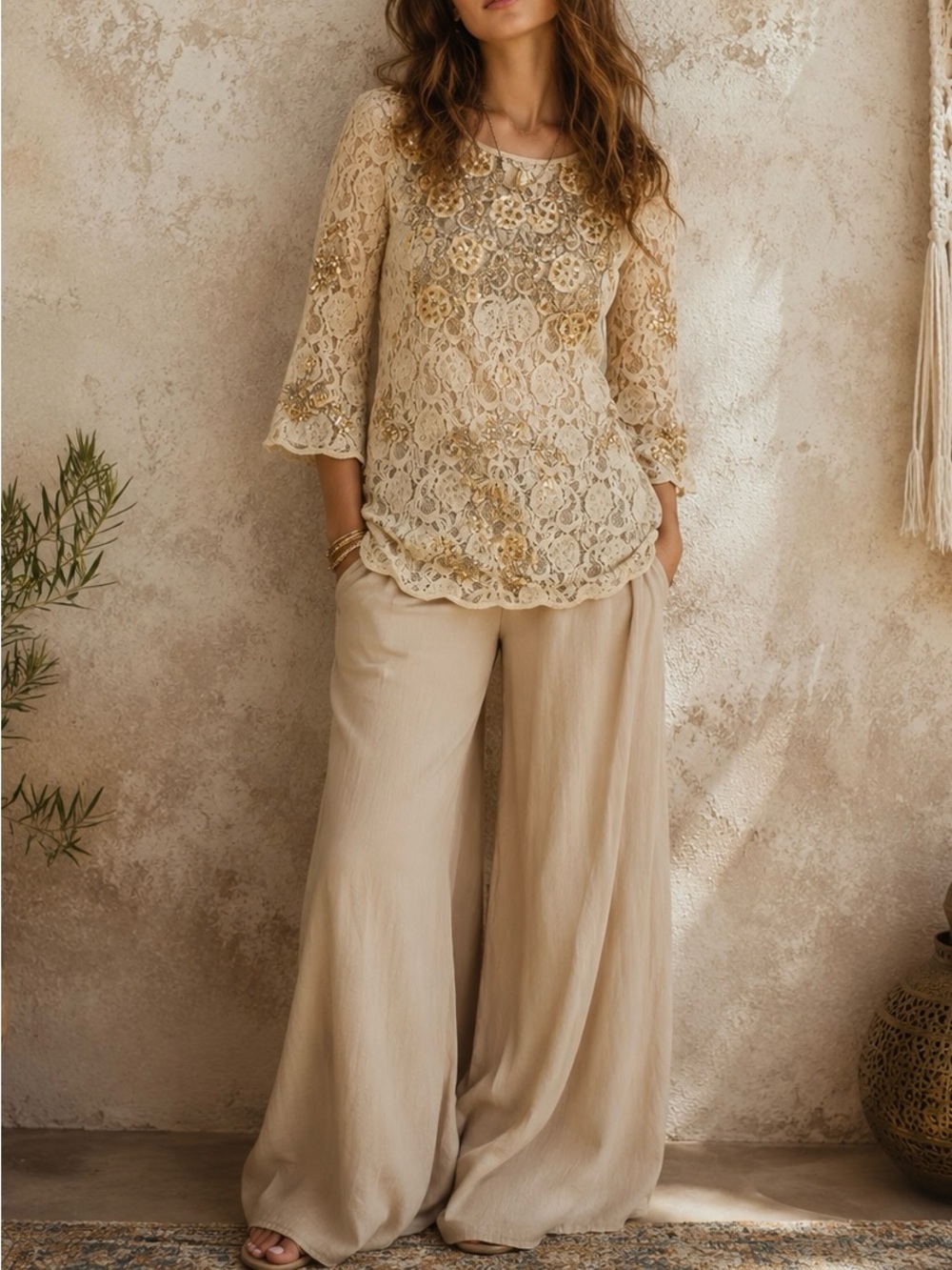 SUNDANCE Moon Flower Sequin‎ Lace Top